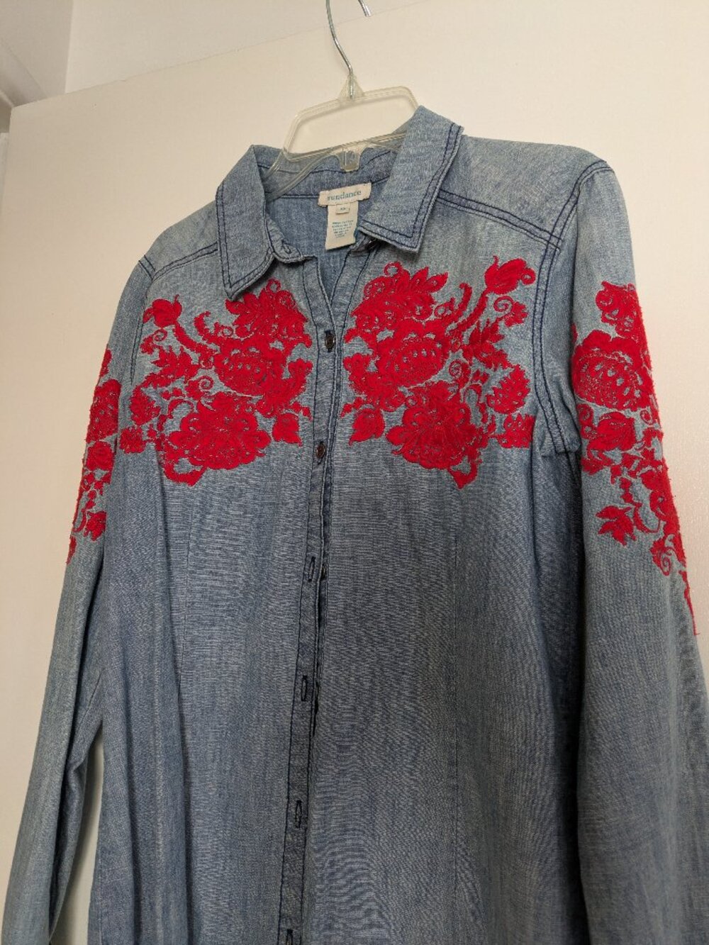 Sundance Women'sRed Floral Embroidered Denim Button Shirt Top XS